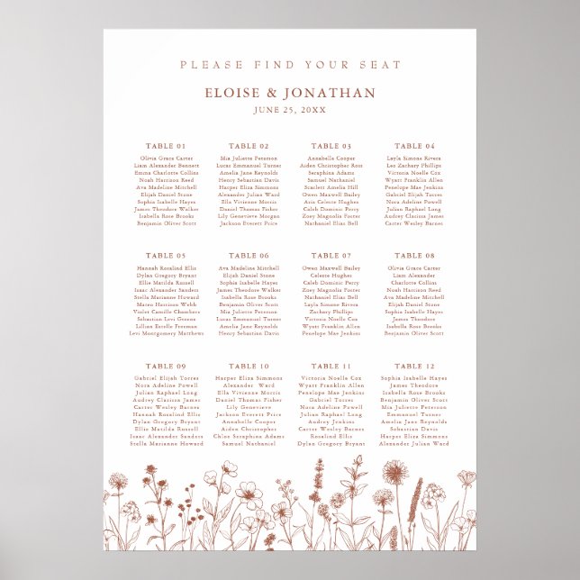Terracotta Rustic Floral  Wedding Seating Chart (Front)