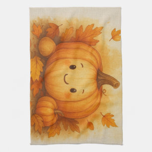 terracotta Rustic Pumpkin & Autumn Leaves Tea Towel