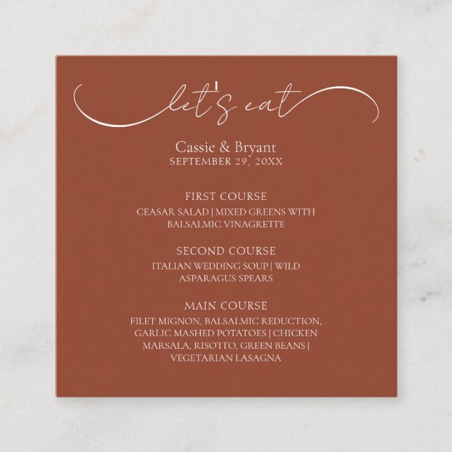 Terracotta Rustic Wedding Menu Enclosure Card (Front)