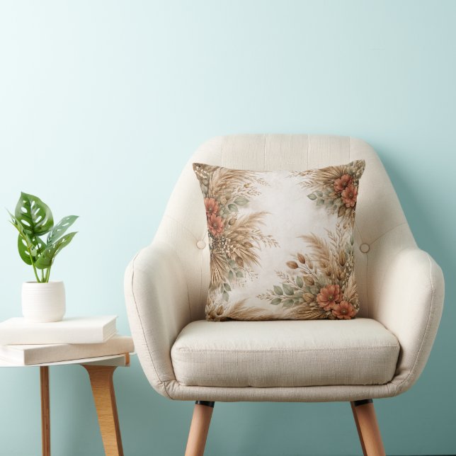 Terracotta Sage Boho Pampas Floral Frame Cushion (Chair)
