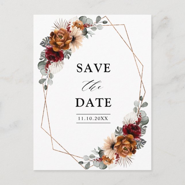 Terracotta Sage Burgundy Floral Geometric Wedding Postcard (Front)