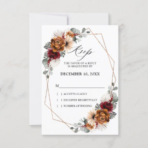 Terracotta Sage Burgundy Floral Geometric Wedding RSVP Card