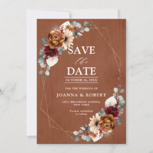 Terracotta Sage Burgundy Floral Geometric Wedding  Save The Date