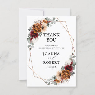 Terracotta Sage Burgundy Floral Geometric Wedding Thank You Card