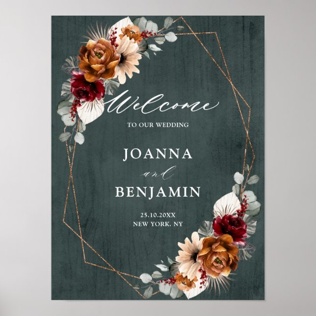 Terracotta Sage Burgundy Geometric Wedding Welcome Poster (Front)