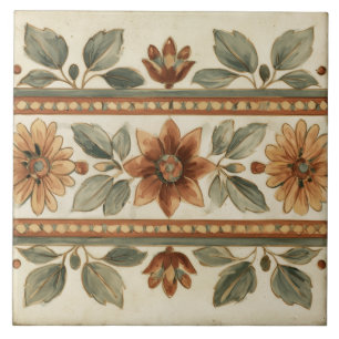 Terracotta Sage Floral Folk Art Ribbon Border Tile