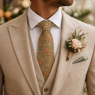 Terracotta & Sage Green Baroque Floral Wedding Tie