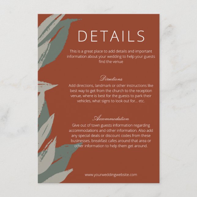 Terracotta Sage Green Modern Botanicals Wedding Enclosure Card (Front)