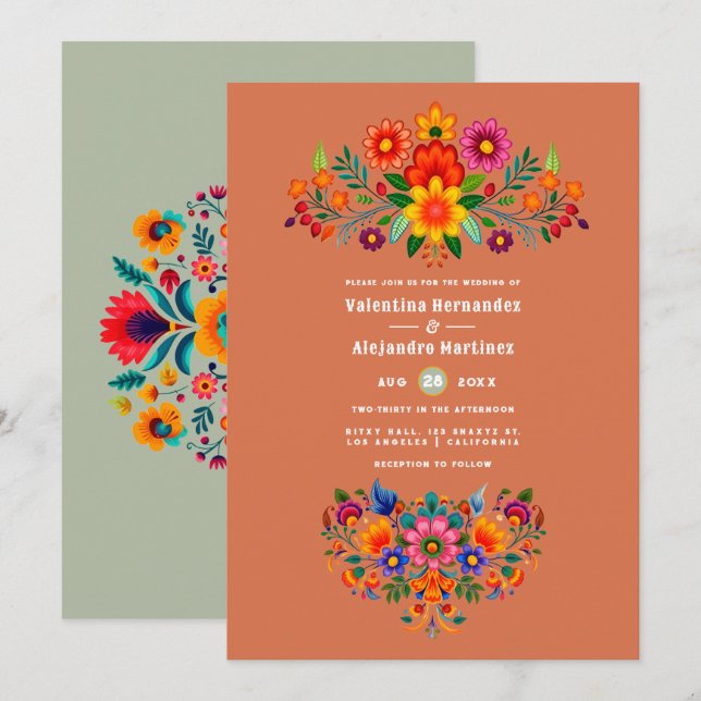Terracotta & Sage Mexican Folk Art Fiesta Wedding Invitation (Front/Back)