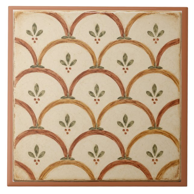 Terracotta Scallop Folk Floral Pattern Tile (Front)