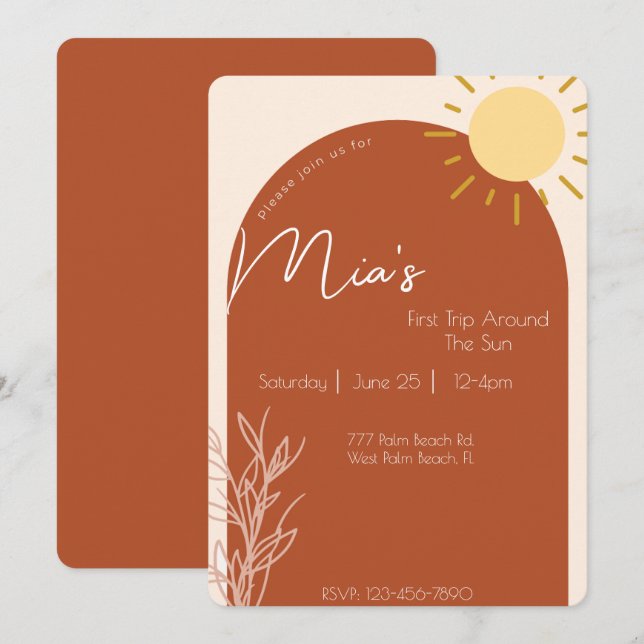 Terracotta Script 1st Trip Around the Sun Birthday Invitation (Front/Back)