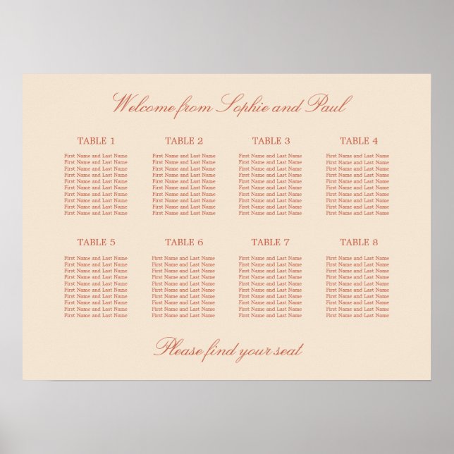 Terracotta Script 8 Table Wedding Seating Poster (Front)