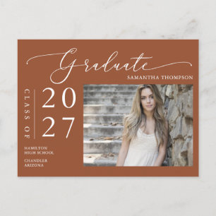 Terracotta Script Graduate Announcement Photo Postcard