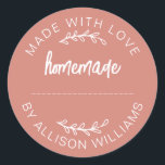 Terracotta Script Made With Love Homemade Food Jar Classic Round Sticker<br><div class="desc">Terracotta Made With Love Homemade sticker with clean white typography and a hand-lettered script design. Perfect for sealing baked goods, jam jars, cookies, bread, pie boxes, small business packaging, party favors, and handmade gifts. Features a customizable name line, making it ideal for home bakers, makers, and small brands looking for...</div>