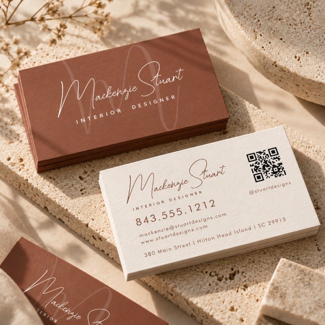 Terracotta Script QR Code Modern Elegant Business Card (Creator Uploaded)
