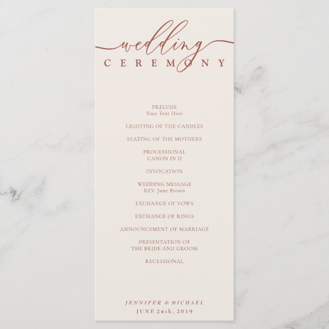 Terracotta Script Wedding Ceremony Plan Programme (Front)
