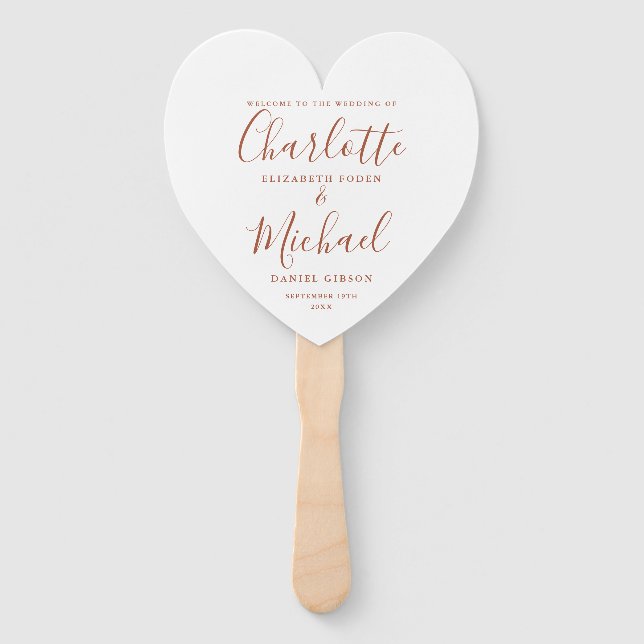 Terracotta Script Wedding Program Heart Hand Fan (Front)