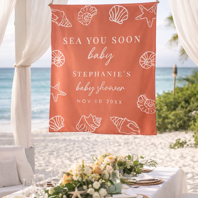 Terracotta Sea You Soon Beach Baby Shower Backdrop Tapestry (Creator Uploaded)