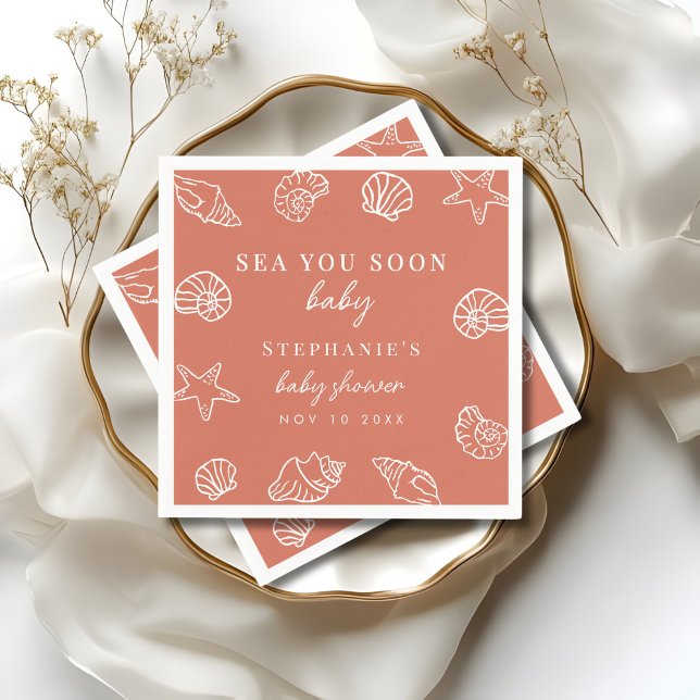 Terracotta Sea You Soon Coastal Beach Baby Shower Napkin (Creator Uploaded)