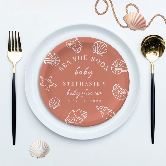Terracotta Sea You Soon Coastal Beach Baby Shower Paper Plate (Creator Uploaded)