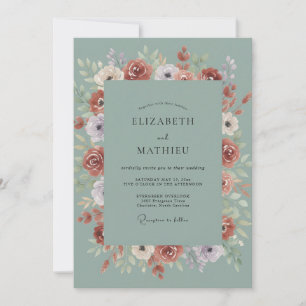 Terracotta Seafoam Ranunculus Eucalyptus Wedding Invitation