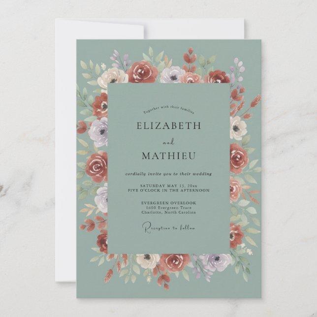 Terracotta Seafoam Ranunculus Eucalyptus Wedding Invitation (Front)
