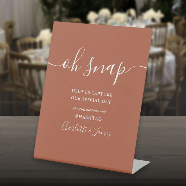 Terracotta Signature Script Oh Snap Wedding Pedestal Sign (Terracotta Signature Script Oh Snap Wedding Pedestal Sign)