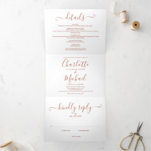Terracotta Signature Script Photo Wedding Tri-Fold Invitation