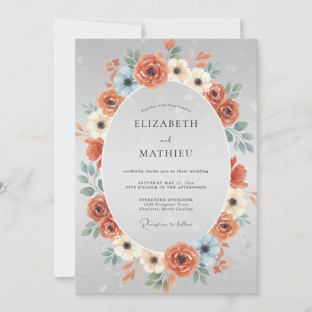 Terracotta Silver Wreath Wedding Invitation (Front)