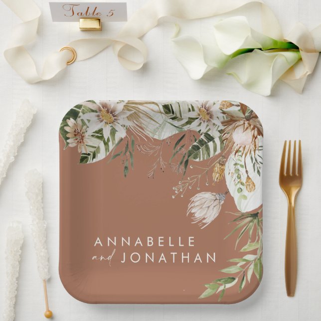Terracotta simple botanical modern elegant foliage paper plate (Wedding)