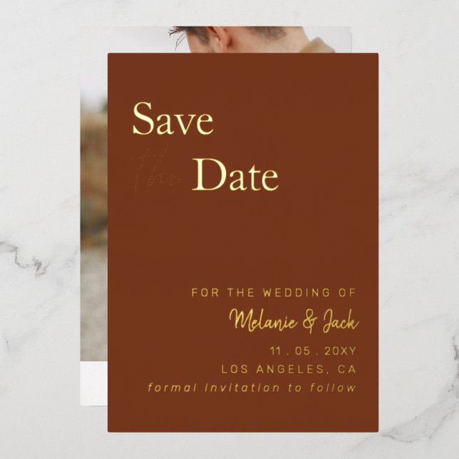 Terracotta Simple Calligraphy Photo Save The Date (Front/Back)