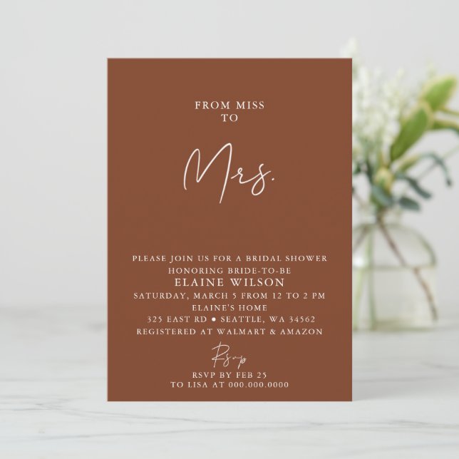 Terracotta Simple Elegant Modern Bridal Shower  Invitation (Standing Front)