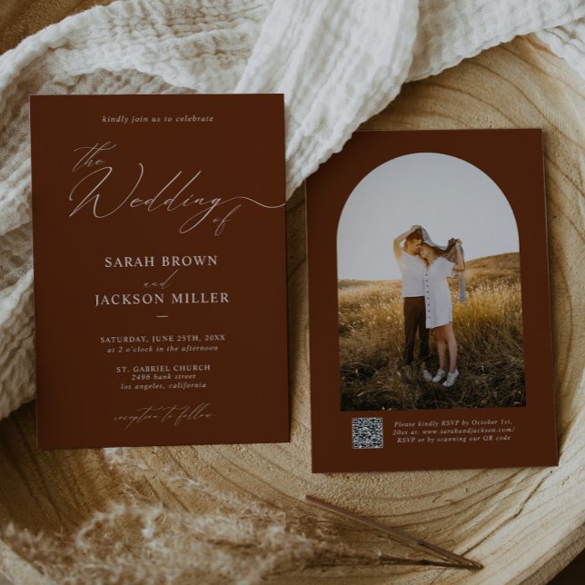 Terracotta Simple Elegant Script QR Code Wedding Invitation (Creator Uploaded)