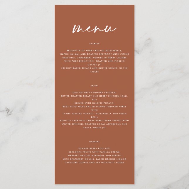 terracotta simple elegant script wedding  menu (Front)