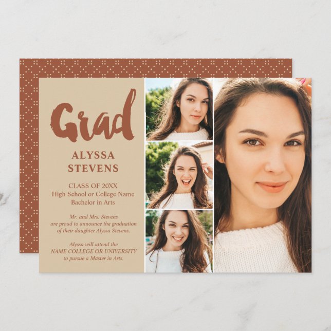 Terracotta simple Grad script 4 photos graduation Invitation (Front/Back)