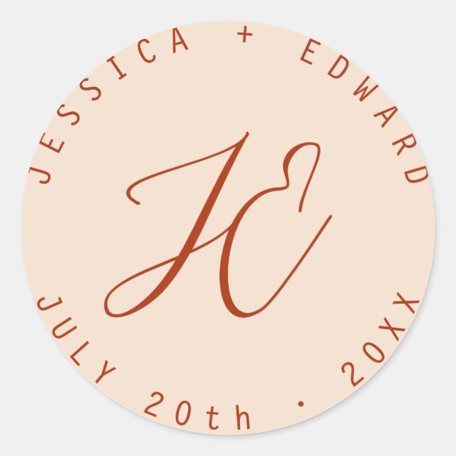 Terracotta Simple Monogram Modern Minimal Script Classic Round Sticker (Front)