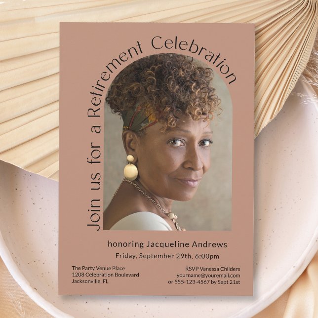 Terracotta Simple Photo Arch Retirement Party Invitation (Available as printed and paperless digital download!)