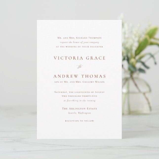 Terracotta Simple Typography Formal Wedding Invitation (Standing Front)