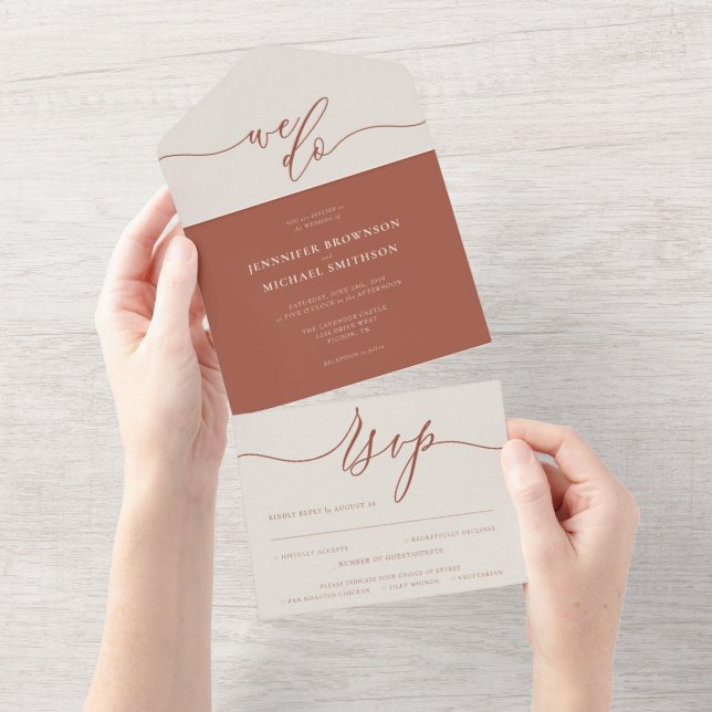 Terracotta Simple Wedding script we do All In One Invitation (Tearaway)