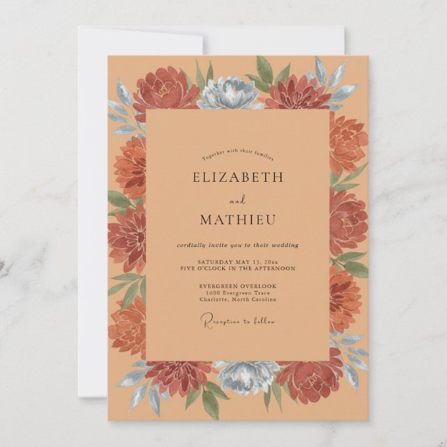Terracotta Steel Blossom Wedding Invitation (Front)