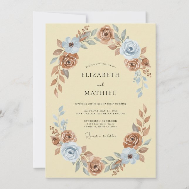 Terracotta Steel Blue Blossom Wedding Invitation (Front)