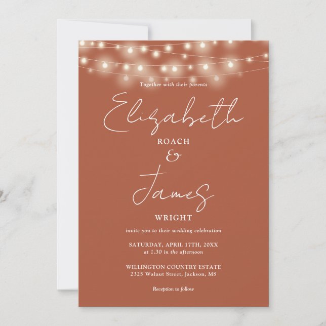Terracotta String Lights Elegant Script Wedding Invitation (Front)