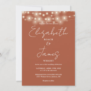 Terracotta String Lights Elegant Script Wedding Invitation
