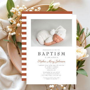 Terracotta Stripes Modern Baptism Photo Invitation