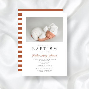 Terracotta Stripes Modern Baptism Photo Invitation