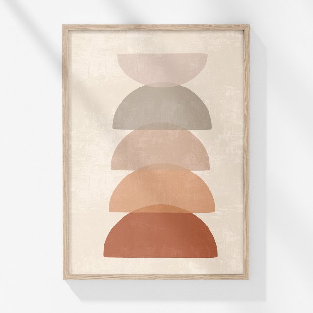 Terracotta Sun Abstract Neutral Boho Wall Art  (Boho Muted Terracotta Neutral Abstract Bowls Art Poster in a wooden frame on wihte wall.)