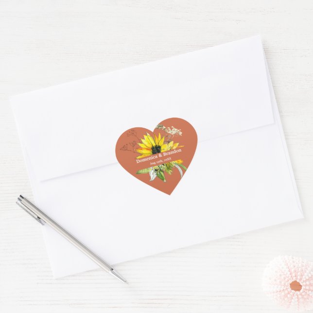 Terracotta Sunflower Wedding Heart Sticker (Envelope)