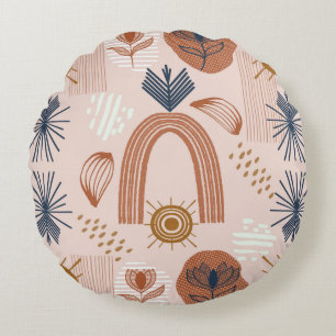 Terracotta Sunrise: Boho Harmony, Blush Pink Round Cushion