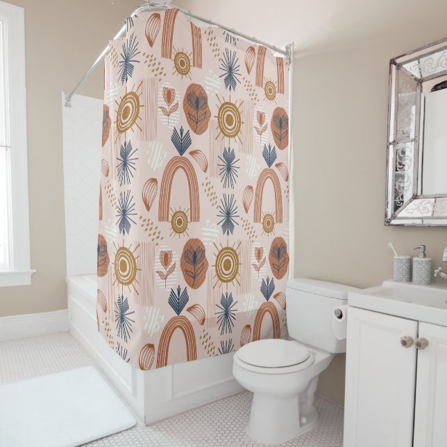Terracotta Sunrise: Boho Harmony, Blush Pink Shower Curtain (In Situ)