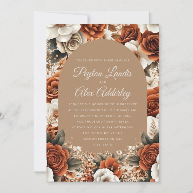 Terracotta Taupe Floral Arch Wedding Invitation (Front)